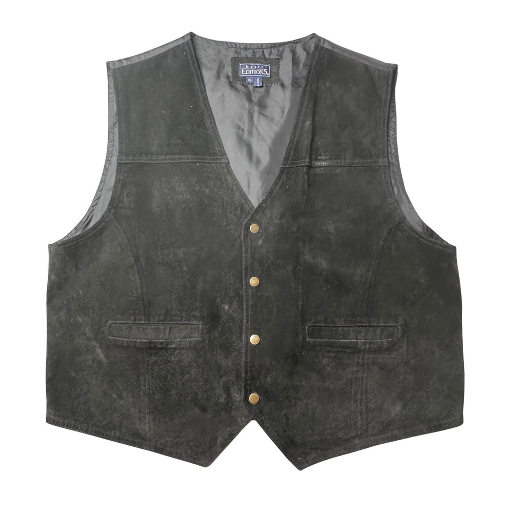 Vintage Basic Editions Vest Mens XL Black Suede Leather Biker Western Cinch Back